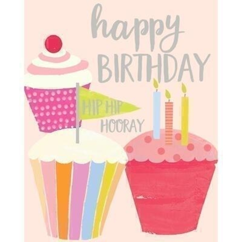 Hip Hip Hooray Birthday card by Liz and Pip. Embossed card depicting cupcakes and candles and hot foil stamped with the words ''Happy Birthday hip hip hooray''. Blank inside for your own message. 120x150mm